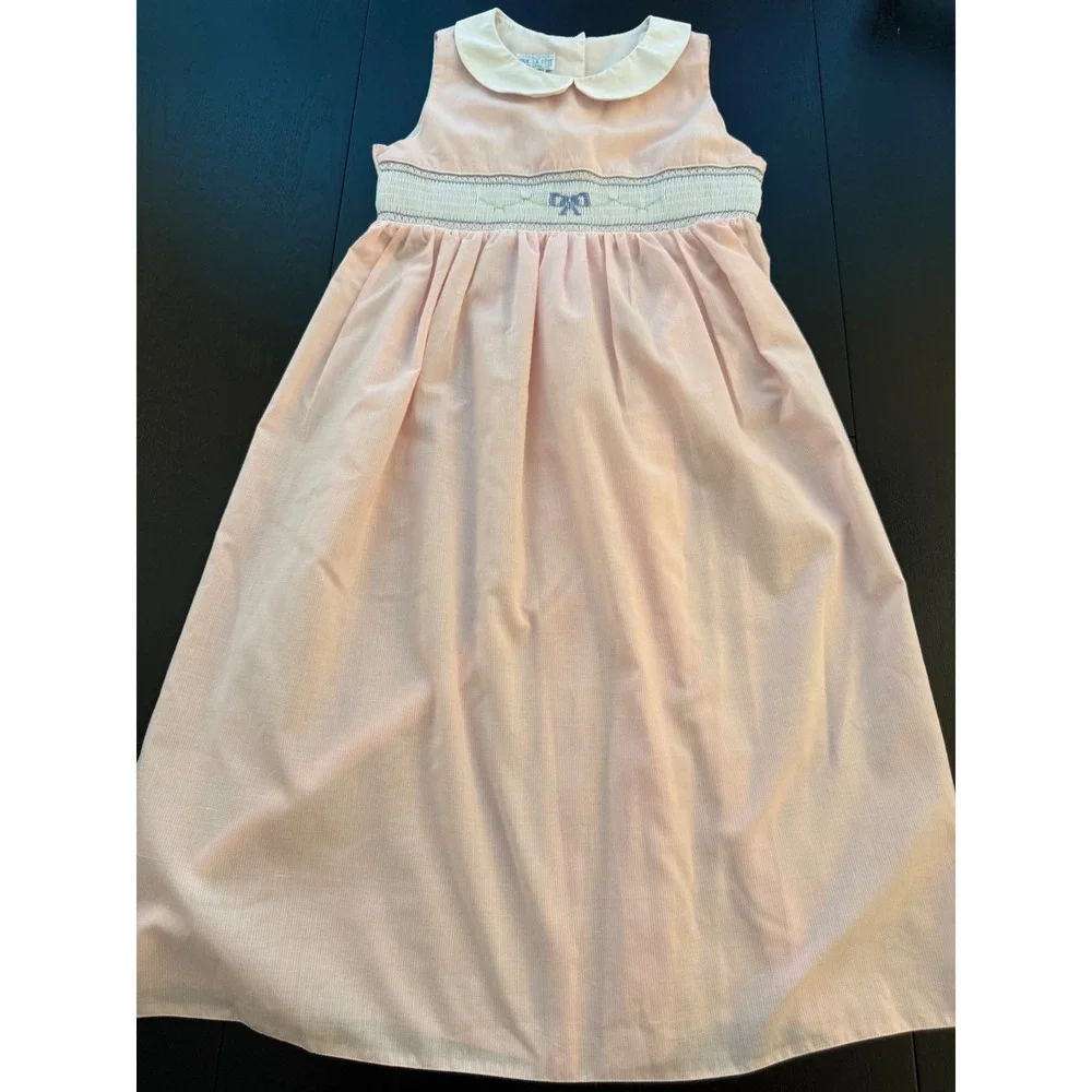 Vive La Fete Hand-Smocked Sleeveless Dress Girls Size 8 Pink/White Embroidered